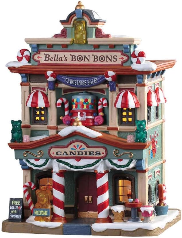 95509 Bella's Bon Bons, New 2019 Caddington Village Collection, Porcelain Colorful Decorated Miniature Lighted Building, X'mas Decor/Gift/Collectible, On/Off Switch, 7.95" x 5.59" x 4.33"