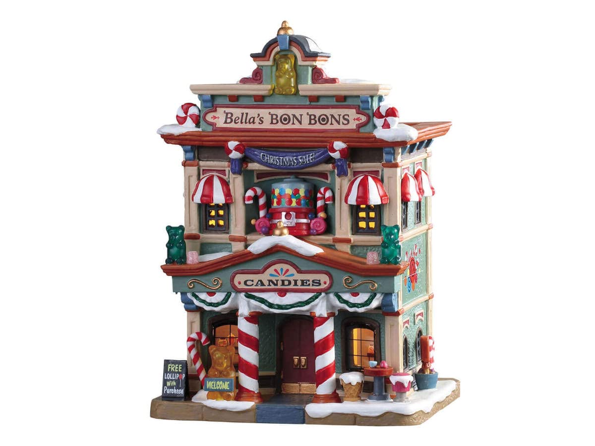 95509 Bella's Bon Bons, New 2019 Caddington Village Collection, Porcelain Colorful Decorated Miniature Lighted Building, X'mas Decor/Gift/Collectible, On/Off Switch, 7.95" x 5.59" x 4.33"