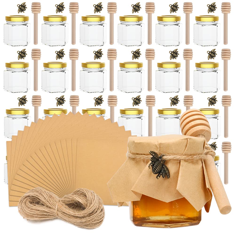 Rormket 1.5oz 24 Pack Mini Glass Hexagon Canning Jars with Gold Lid, Bee Charms Honeybee Pendant, Honey Dipper Sticks, Jute Tag String, Square kraft paper, Baby Shower, Wedding Favors (Bronze)