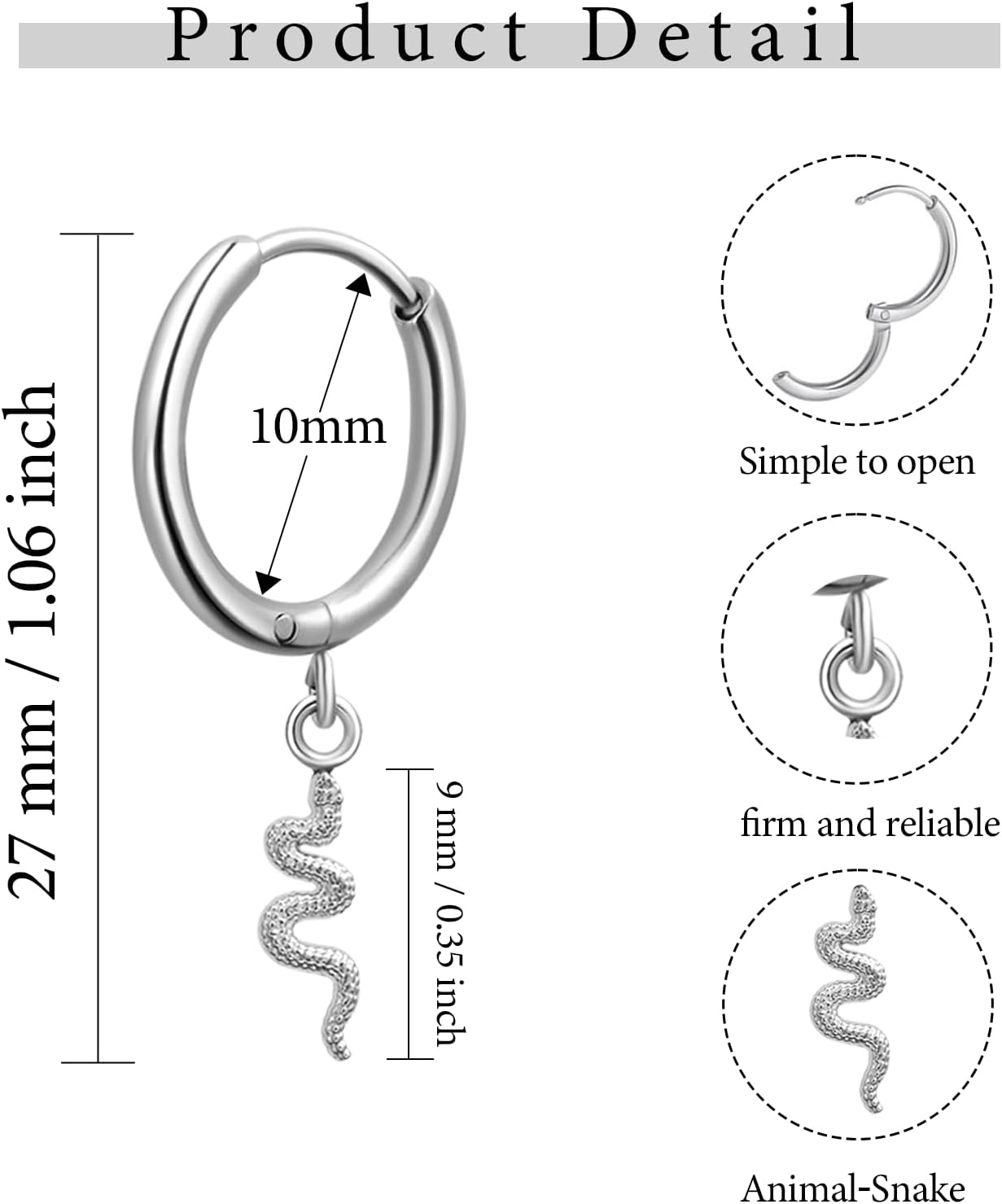 1Pairs 14k Gold Plated Snake Dangle Drop Earrings for Women-Hypoallergenic 316L Surgical Stainless Steel 20G Dainty Small Hoop Earrings Trendy Earrings Piercing Jewelry - Image 2