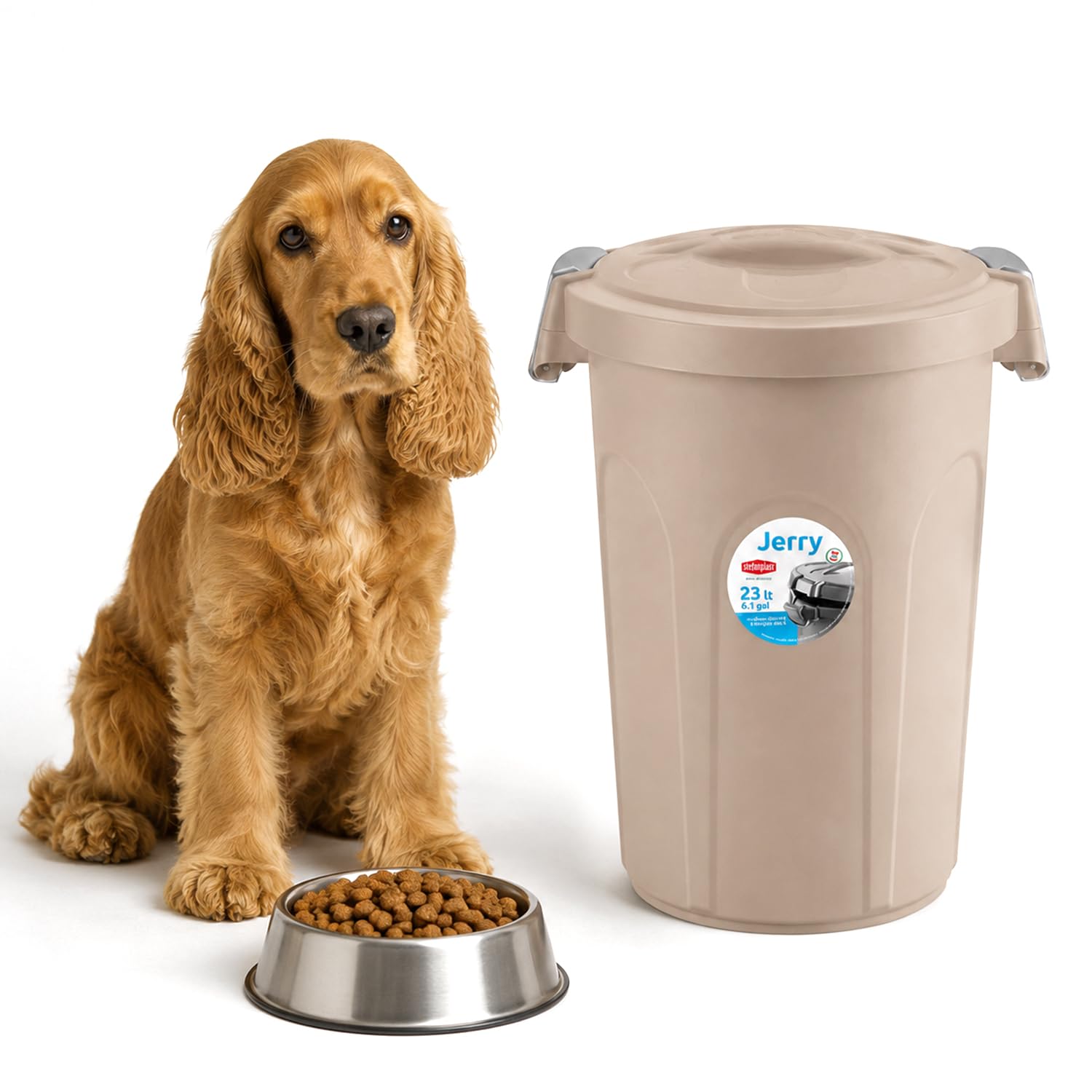 Home Centre Beige Pet Food Storage Container 23L, Airtight Clip-On Lid,