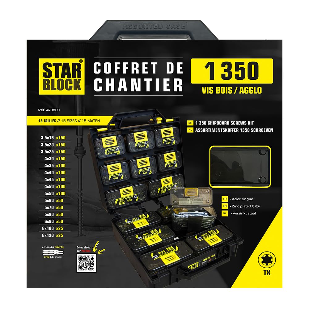 STARBLOCK Coffret vis Bois/Agglo, 1 350 pièces, Tête fraisée, 15 dimensions, Empreinte Torx, Pointe entaillée, Acier zingué