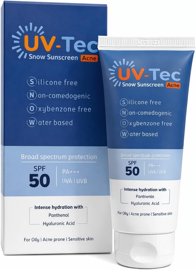 UV-Tec Snow Sunscreen Acne SPF 50 PA+++, Broad Spectrum Protection, Water Based, For Oily Acne Prone Sensitive Skin, With Panthenol and Hyaluronic Acid