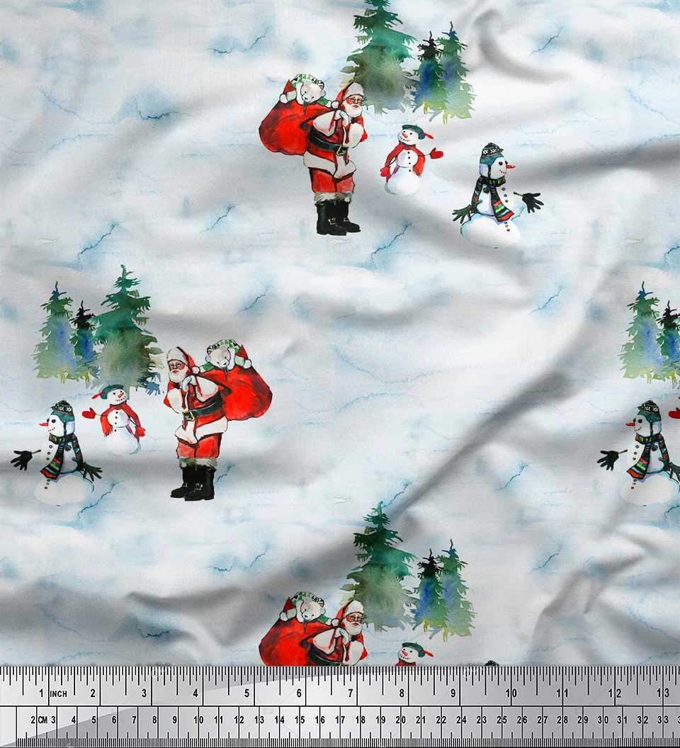 Soimoi Polyester Crepe Fabric Snowman,Santa & Tree Christmas Print Fabric by The Meter 42 Inch Wide