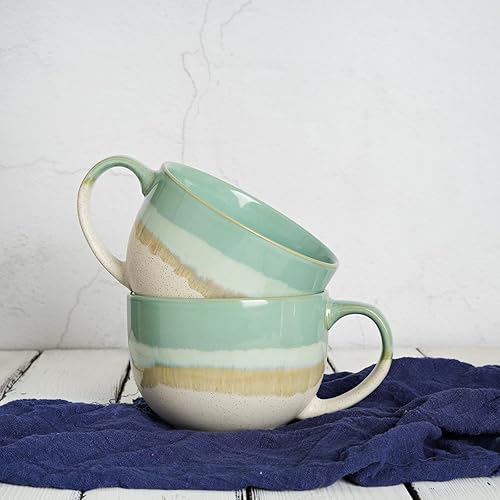 Miniatura 6 de Bosmarlin Juego de 2 tazas de café jumbo de cerámica, 23 onzas, tazones de sopa grandes con asas, aptos para lavavajillas y microondas (verde menta)
