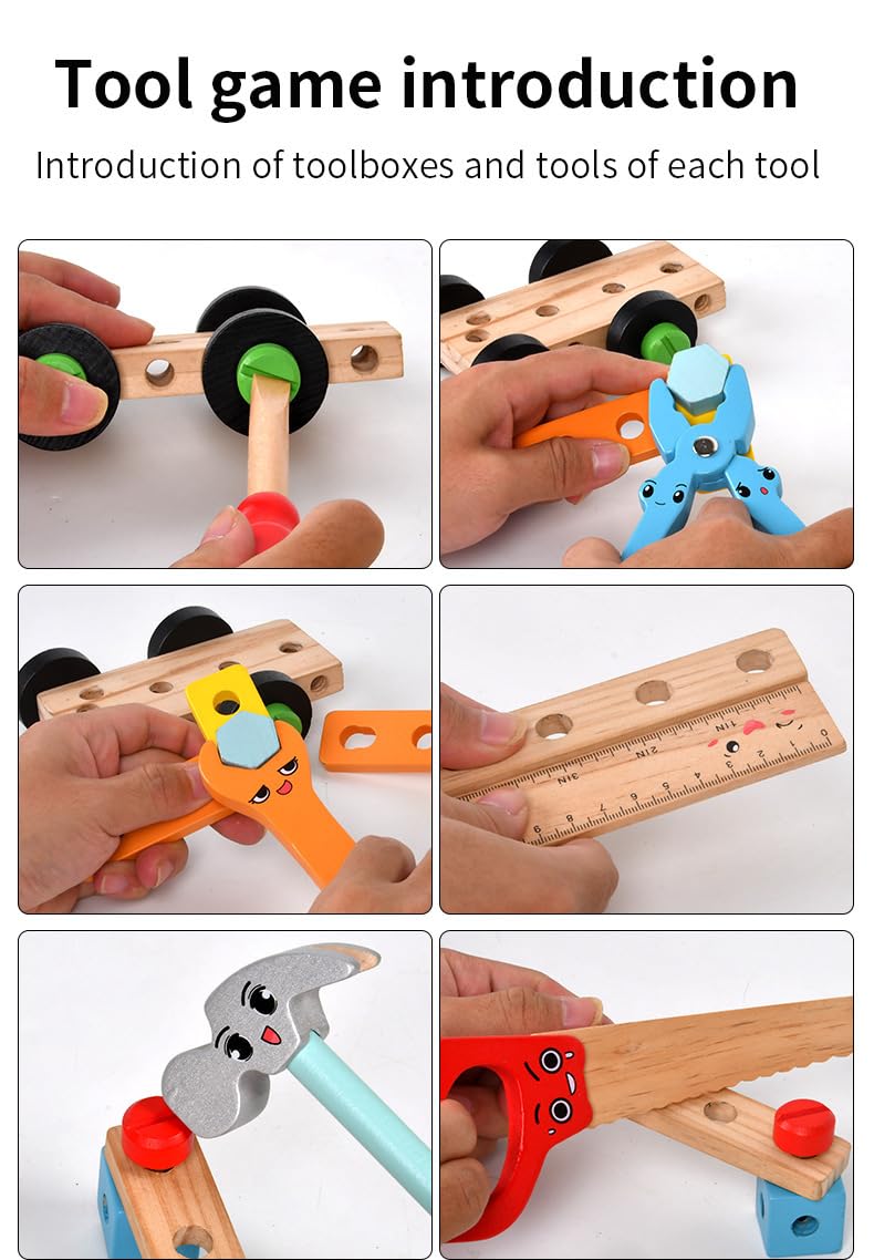 Kibi - Caja de herramientas, juego de juguete educativo para niños, construcción de madera con herramientas, kit de montaje con tornillos y tuercas, juego de juguete educativo para niños (vehículos)