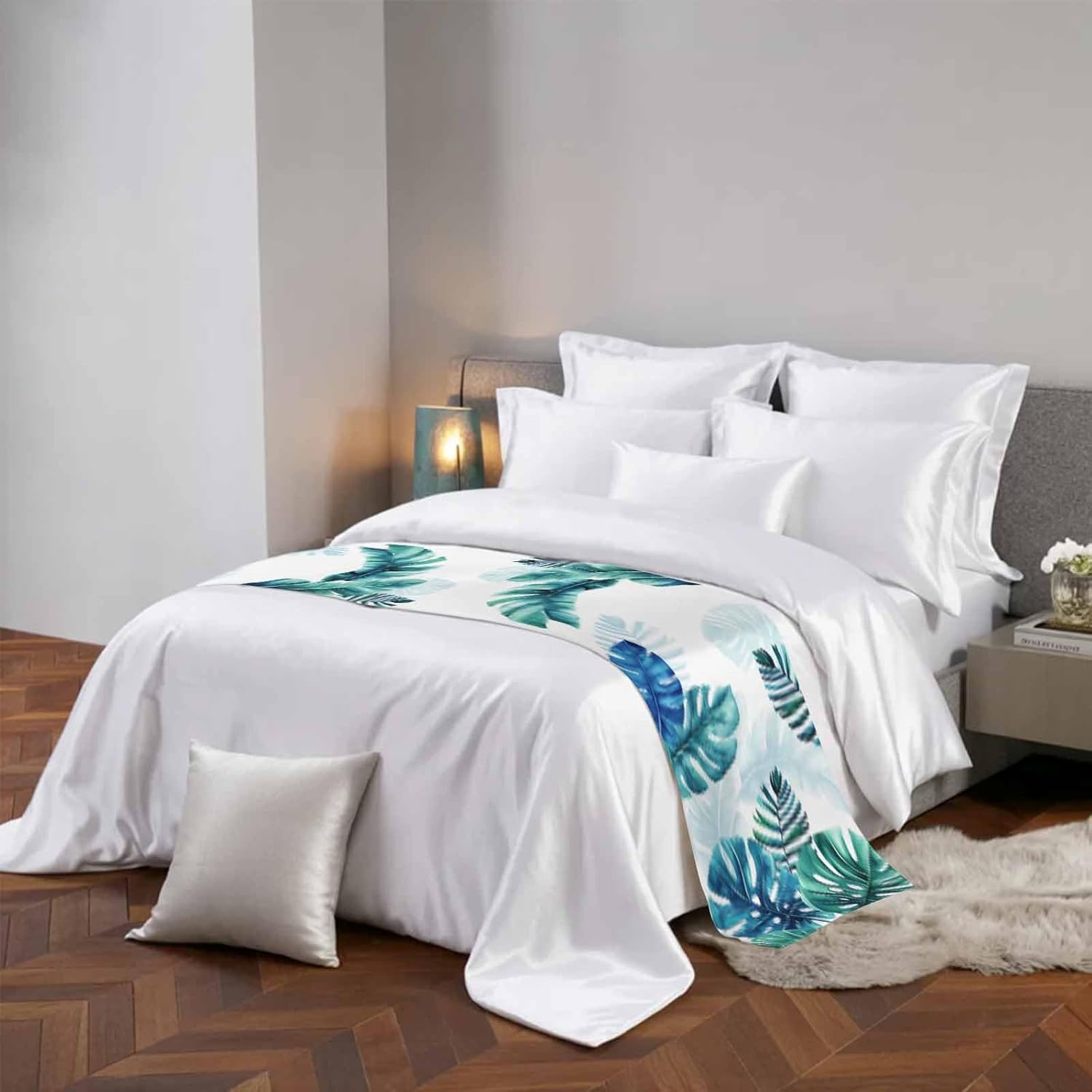 Leaf Bed Runner Queen Size Watercolor Summer Tropical Blue Green Leaves Soft Bed Scarf for Foot of Bed, Decorative Bedding Scarf Protection for Hotel Home Bedroom 83 x 20 Inch