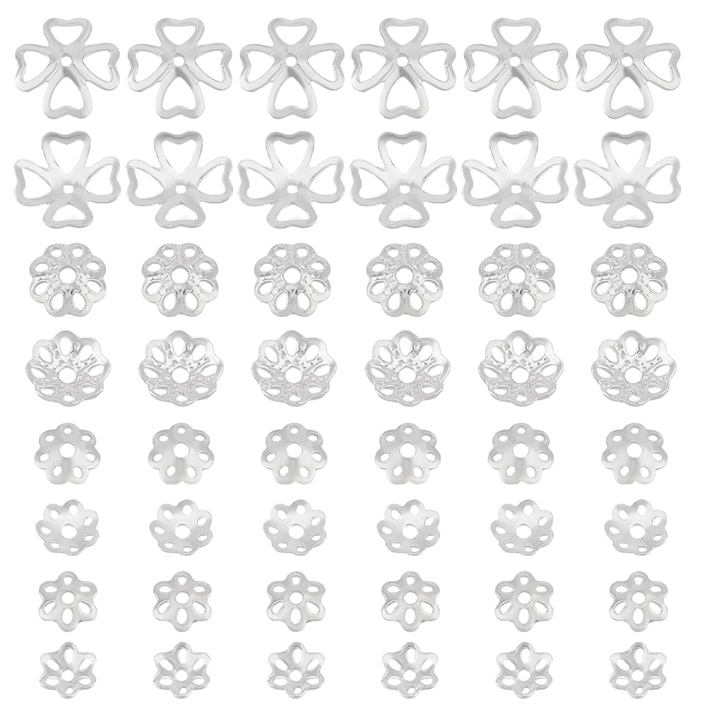 PH PandaHall 48pcs 925 Sterling Silver Beads, 4 Styles Flower Bead Ends Multi-Petal Spacer Beadss Filigree End Charms Bails for DIY Earring Braceket Necklace Jewellery Making