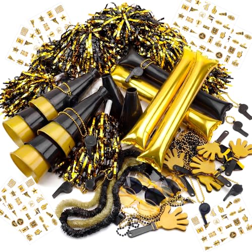 Soulchen 360 Pcs Black and Gold Team Spirit Accessories Bulk Spirit Day Pep Rally Accessories Sporting Events Party Cheerleading Pom Poms Hand Clappers Thunder Stick Whistle Megaphone