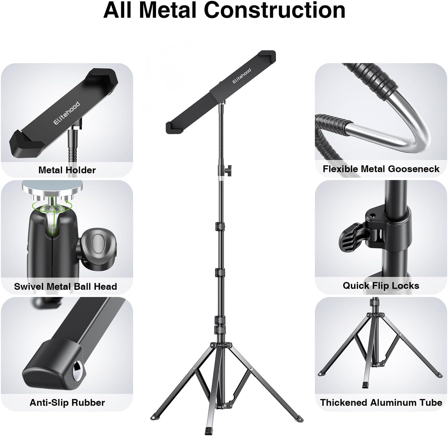 elitehood Aluminum Diagonal Design 72" iPad Tripod Floor Stand, Heavy Duty Adjustable Tablet Stand Holder, Flexible Gooseneck iPad Stand for Pro 13 12.9 11, Air, Samsung Tab and More 9-14.2" Devices
