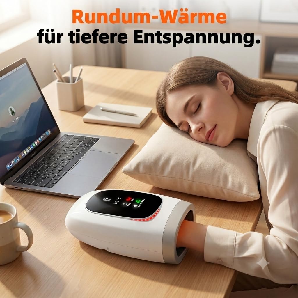 Handmassagegerät mit Wärme und Kompression, Elektrisches Handmassagegerät mit 3-Zonen-Drucksystem & 360° Wärme, NTC Temperaturregelung, Hand Massager für Zuhause, Geschenk für Frauen und Männer