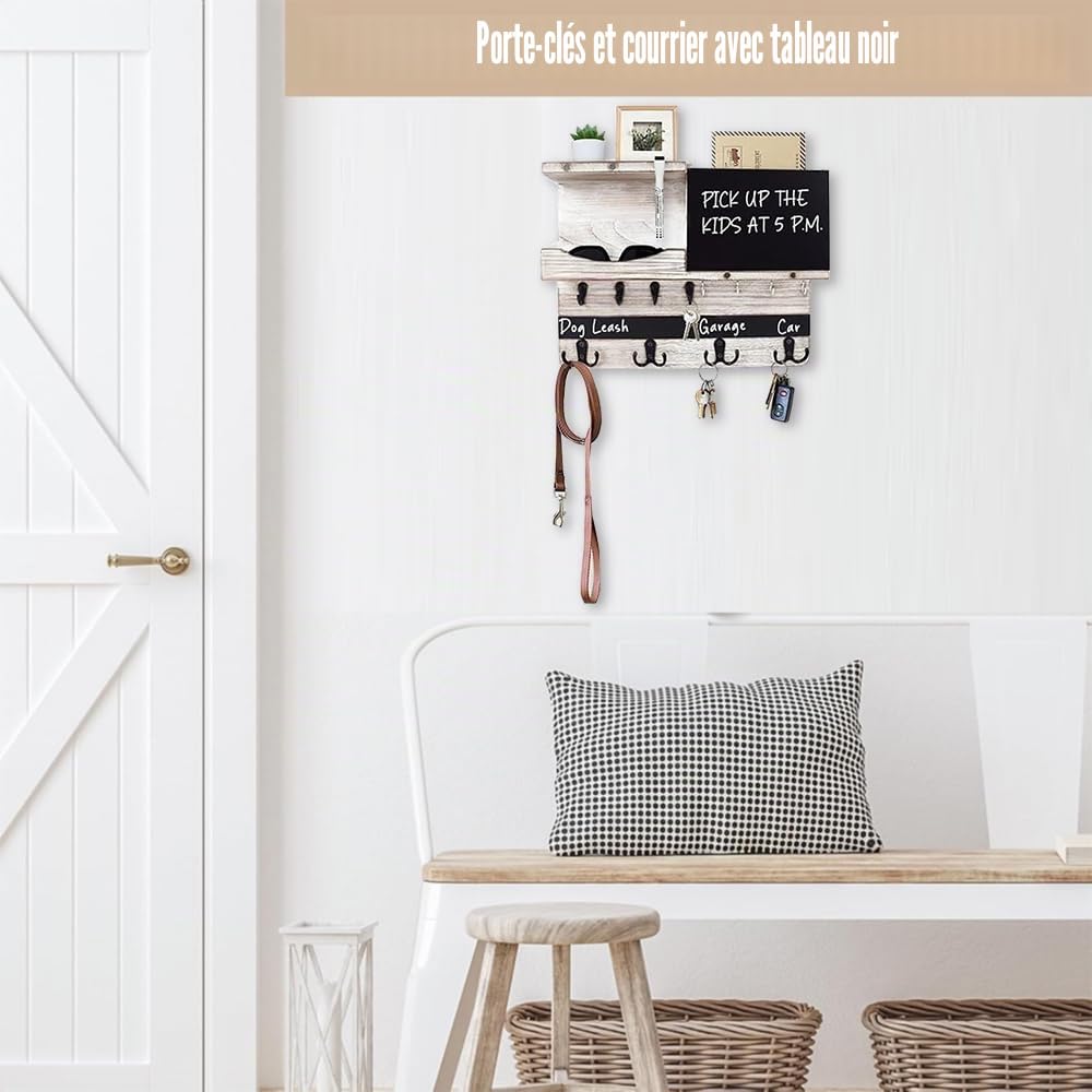 Porte-Courrier Mural et Porte-Clés avec 12 Crochets pour Clés, Plaque à Clés Murale Avec Étagère et Tableau à Craie, Rangement Pour Clés et Lettres pour Entrée, Couloir, Blanc