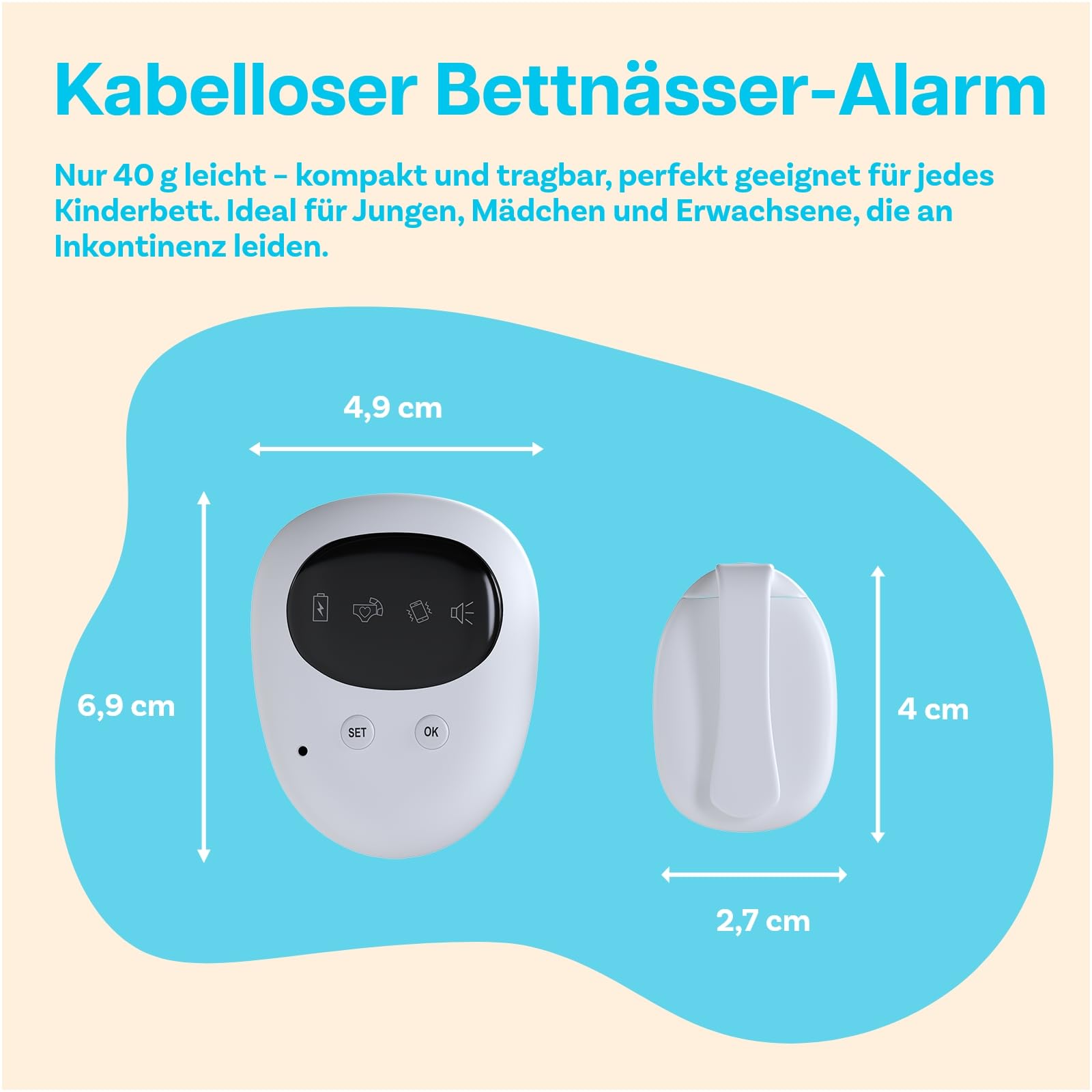 Kabelloser Bettnässer-Alarm für Jungen und Mädchen von MMOBIEL – Töpfchen-Training mit Geräuschen und Vibration – Pipi-Alarm für Kinder & Erwachsene – Bettnässensor, Pinkel Alarm - USB-wiederaufladbar