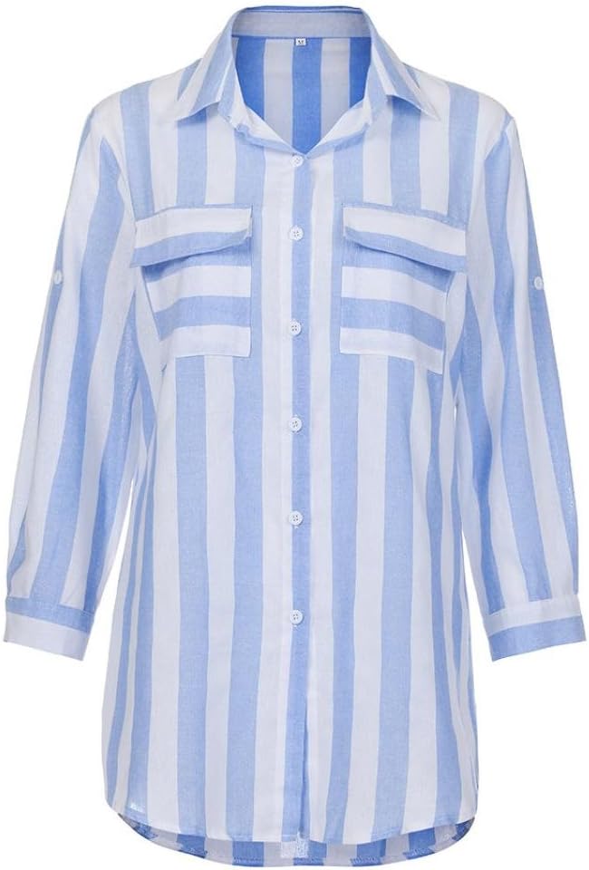 iHee Women Casual Sexy V Neck Stripe Long Sleeve Blouses Plaid Button Down Office Shirt Tops