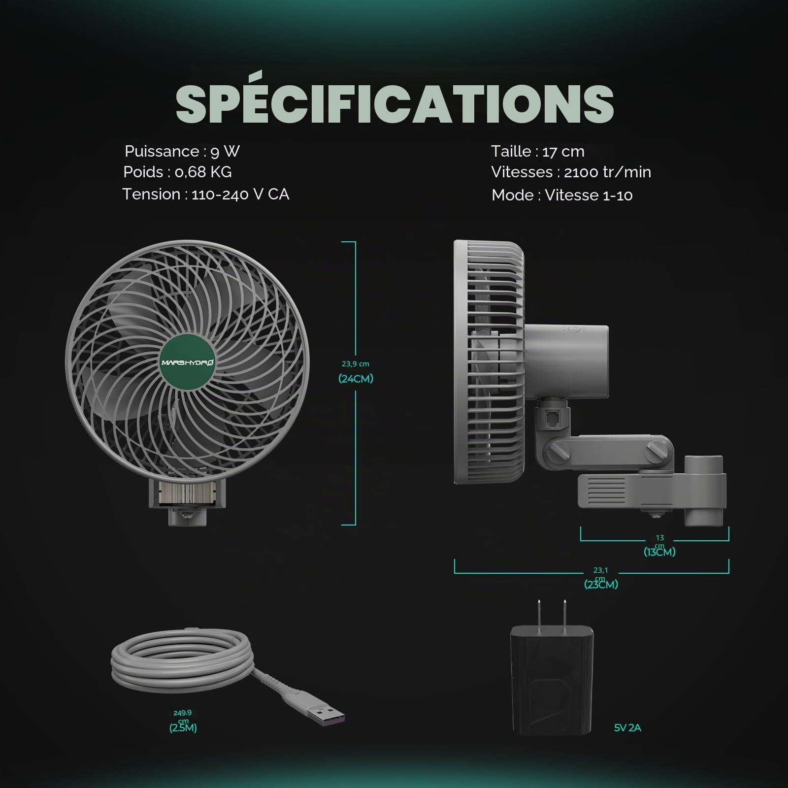 Mars Hydro M6 Ventilateur oscillant pour tente de culture, 10 vitesses et faible bruit pour les plantes hydroponiques et la circulation de l'air, avec contrôle pratique via application/WiFi.