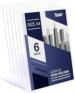 Slant Back Acrylic Sign Holder A4, 6 Pack, Portrait Ad Frames, Clear Picture Frame for Signs, Brochure, Flyer, Menu, Paper, Poster, Display. Slanted Plastic Message Board Stand for Home, Office, Store