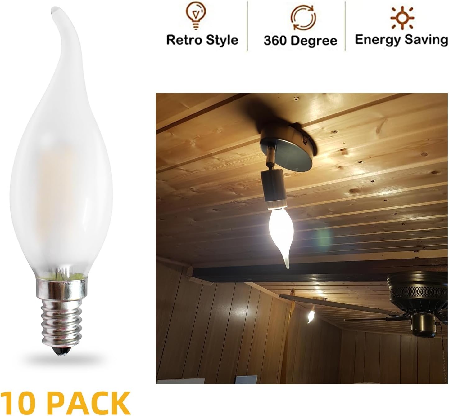 10 Pack Candelabra LED Bulb, Dimmable E12 Candle Bulbs, 4W Chandelier Light Bulbs, BA11 Flame Shape Bent Tip, 4 Watt LED Light Bulb, 2700K Warm White, Frosted Glass Cover