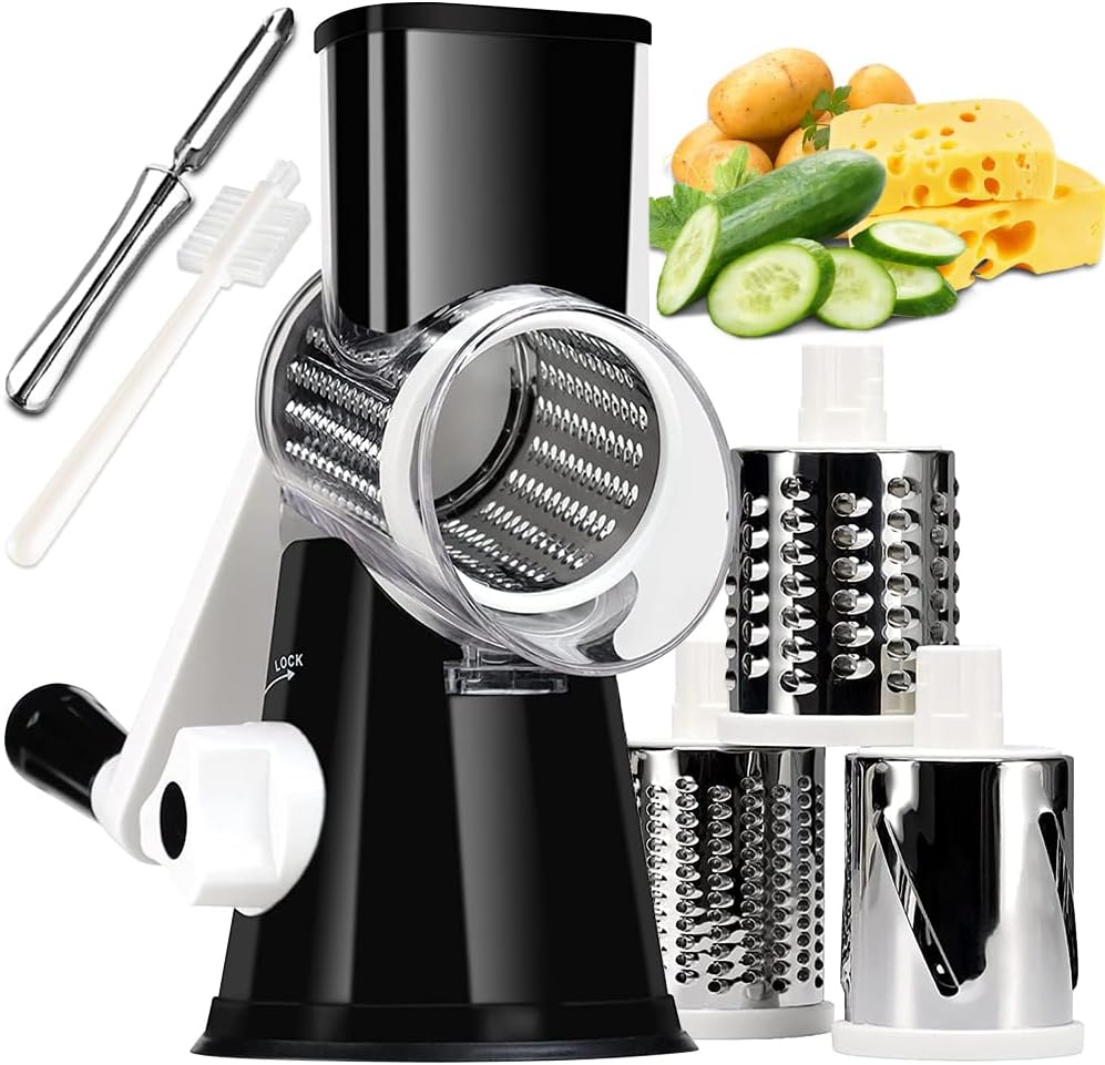 KEOUKE Rotary Cheese Grater with Handle – 3 Changeable Blades for Cheese, Vegetables, Nuts – Black KEOUKE Rotary Cheese Grater with Handle – 3 Changeable Blades for Cheese, Vegetables, Nuts – Black