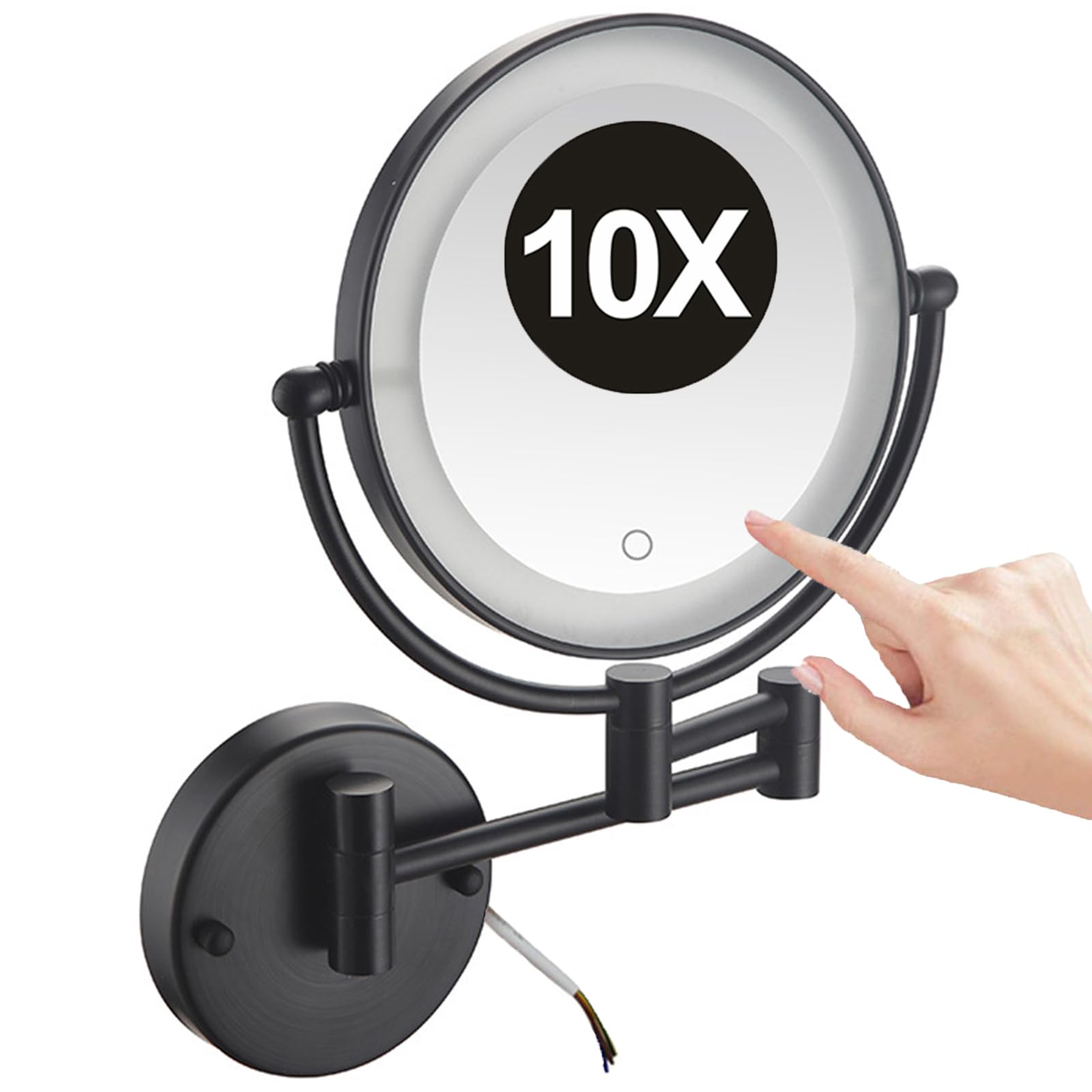 REWIS 8 Inch Hard-Wired Wall Mounted LED Lighted Makeup Vanity Mirror with Touch Screen Dimmable, Dual Sided Rotatable 10X Magnifying Cosmetic Beauty Mirror, Bathroom HD Shaving Mirror,Black,1Color