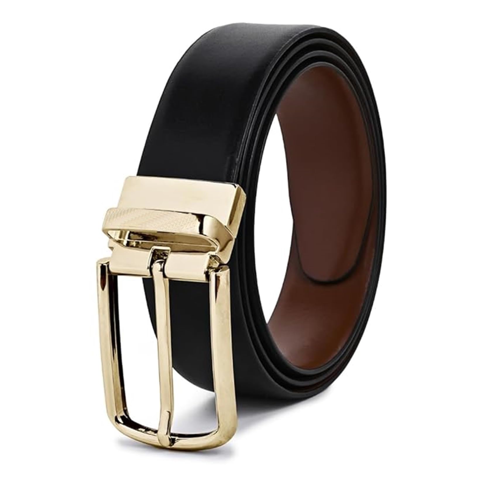 Men's Reversible Leather Belt with Gold-Tone Buckle, Black and Brown-image-28