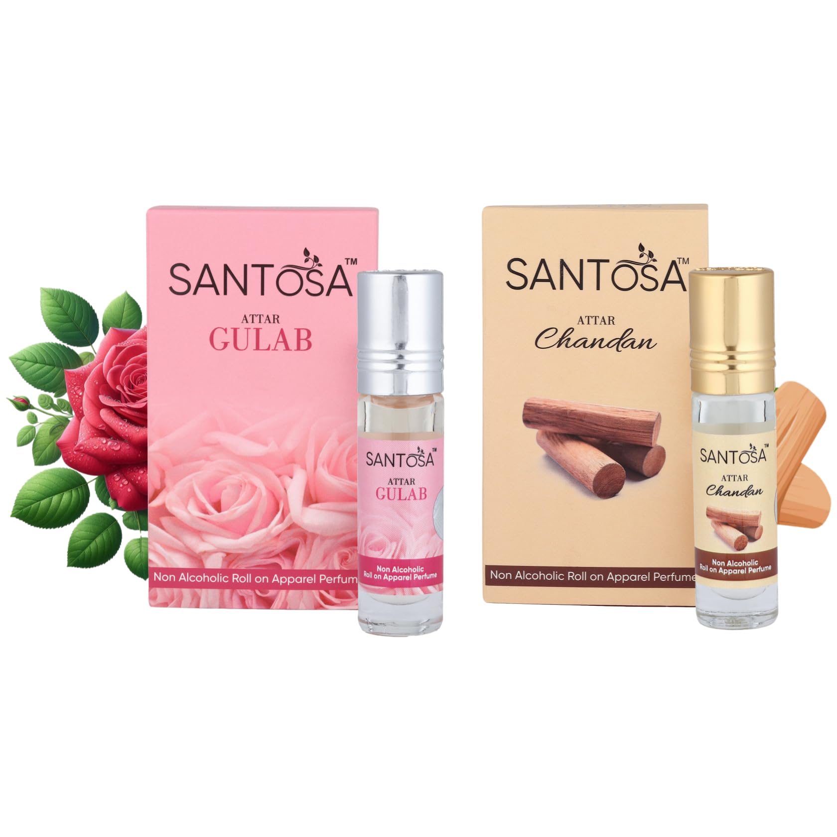 Santosa Gulab (Rose) & Chandan (Sandalwood) Attar Roll-Ons, 6ml Each | Alcohol-Free Itra/Ittar/Attar with Long-Lasting Floral & Woody Scents for Men & Women, Ideal for Pooja, Puja, & Everyday Use
