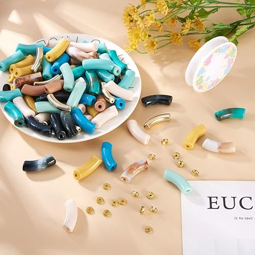 Miniatura 8 de Beadthoven - 110 cuentas de bambú de tubo curvo grueso de acrílico opaco con diamantes de imitación de hierro, 20 espaciadores de disco de latón,