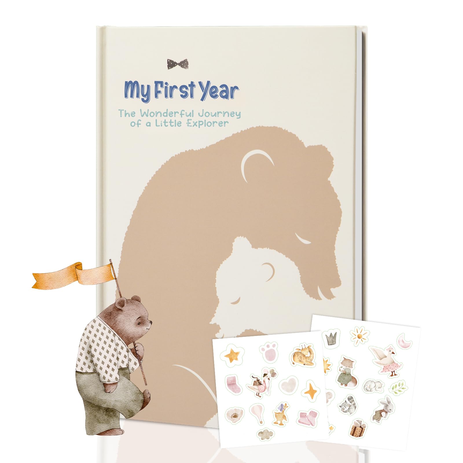Printara My First Year Baby Memory Book – A4 Diary & Keepsake Album With Adorable Bear Theme, Includes 26 Stickers, Suitable For Birth, Baptism & Baby Shower