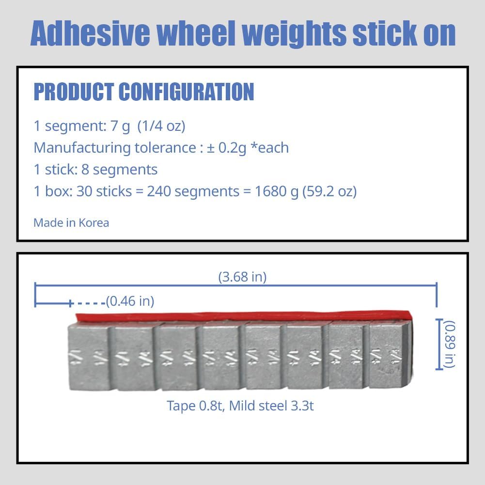 1/4oz, 7gr, Gray, Adhesive Stick On Wheel Weights, Easy Peel, Low Profile, Cars, SUVs, Motorcycles, RC Cars, Crafts, 60 Oz/Box, 30 Strip, Korean Made,