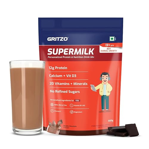 Gritzo SuperMilk Overall Growth (13+y Boys), 12g Protein Powder (Double Chocolate, 800g) | Zero Refined Sugar, 20 Vitamins & Minerals