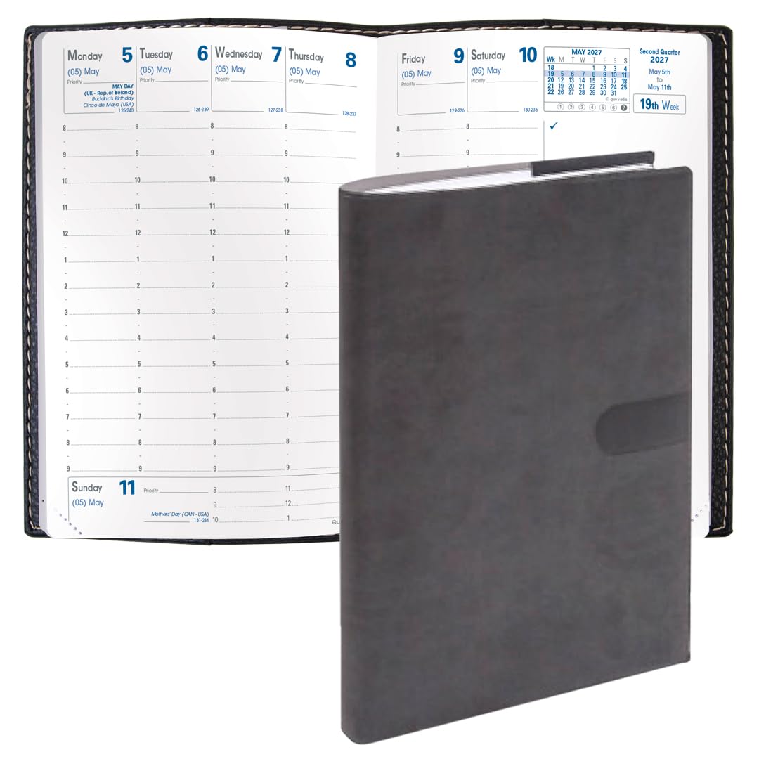 Quo Vadis Agenda settimanale 2027, 12 mesi, da gennaio a dicembre, 10,2 x 15,2 cm, copertina liscia in finta pelle scamosciata Texas, color carbone