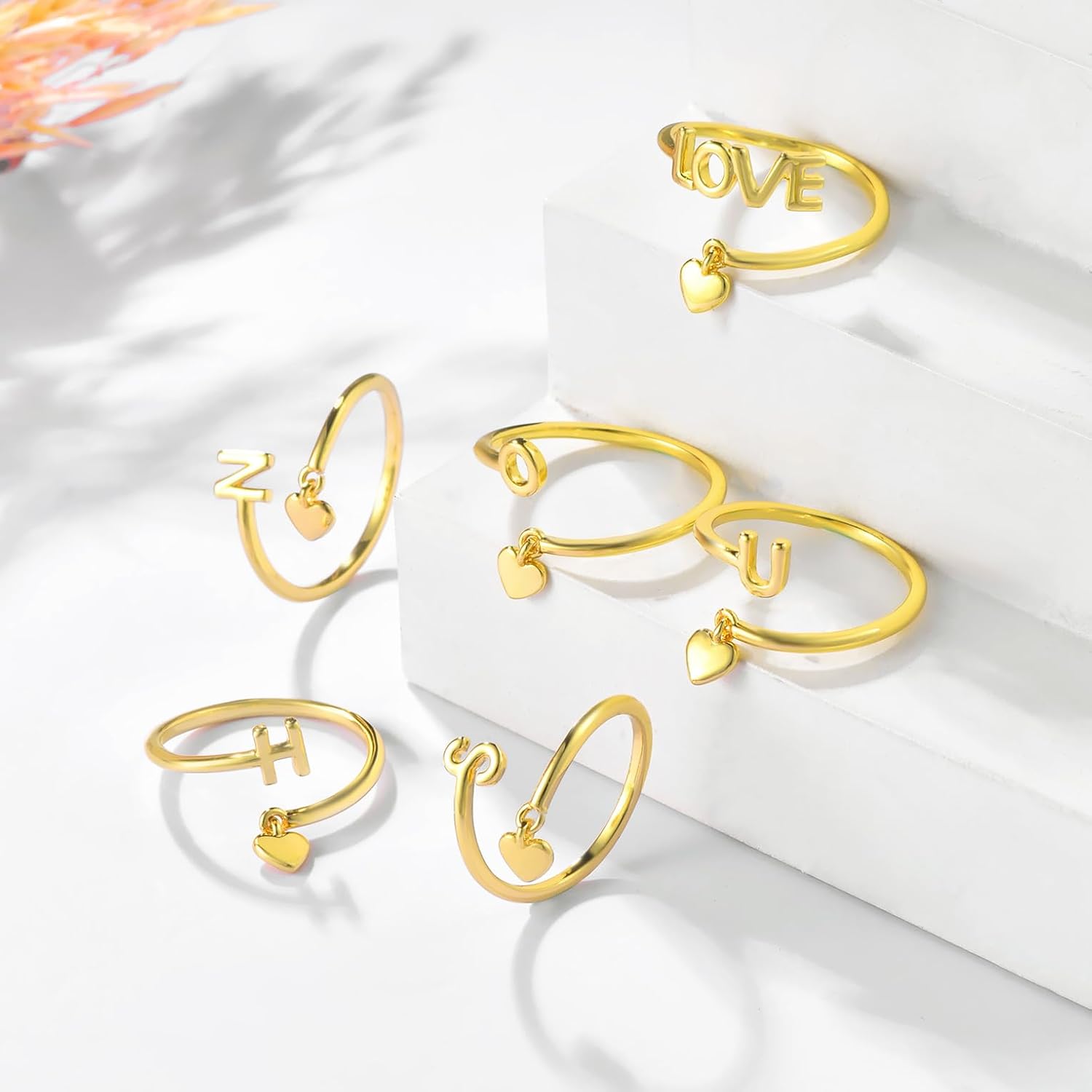 Gold Initial Ring for Women Dainty Initial Heart Non Tarnish Gold Rings 14K Gold Plated Alphabet Letter Rings Open Statement Ring Adjustable Thumb Pinky Ring for Women - Image 7