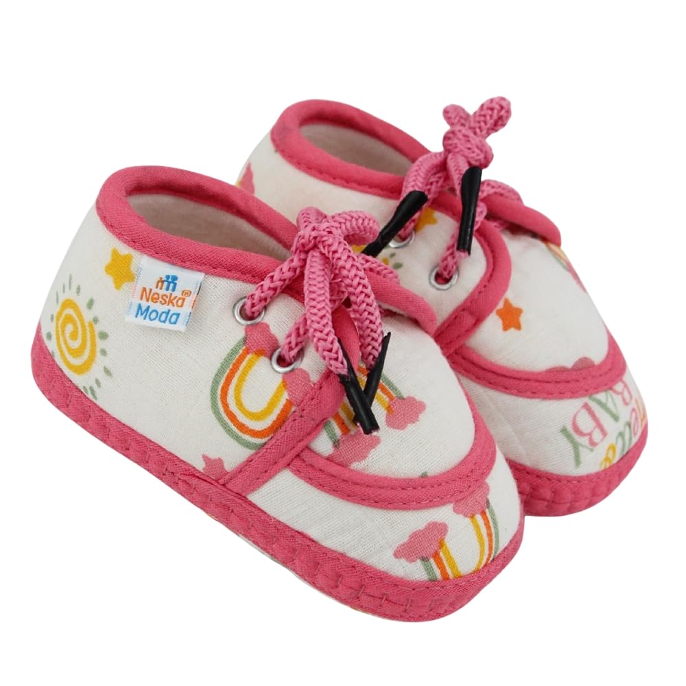 neska moda 6 To 12 Months Baby Boys & Baby Girls Flower & Circle Muslin White,Pink Hook & Loop Shoe Booties-BT5560-picture-49