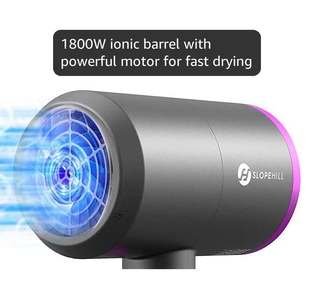 slopehill Professional Ionic Hair Dryer, Powerful 1800W Fast Drying Low Noise Blow Dryer with 2 Concentrator Nozzle 1 Diffuser Attachments for Home Salon Travel