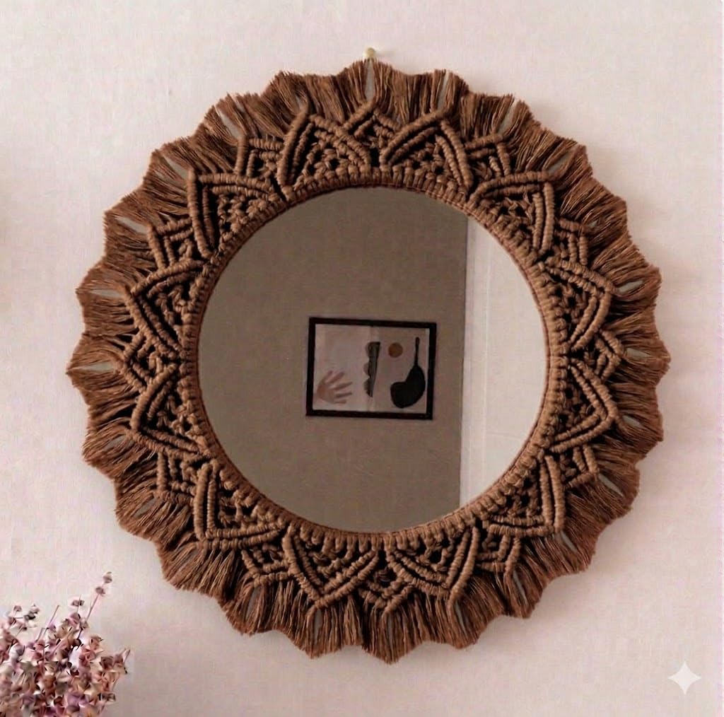 Macrame Round Wall Mirror with Fringe, Boho Style, Brown Cotton Rope Frame, Handcrafted Home Decor-image-28