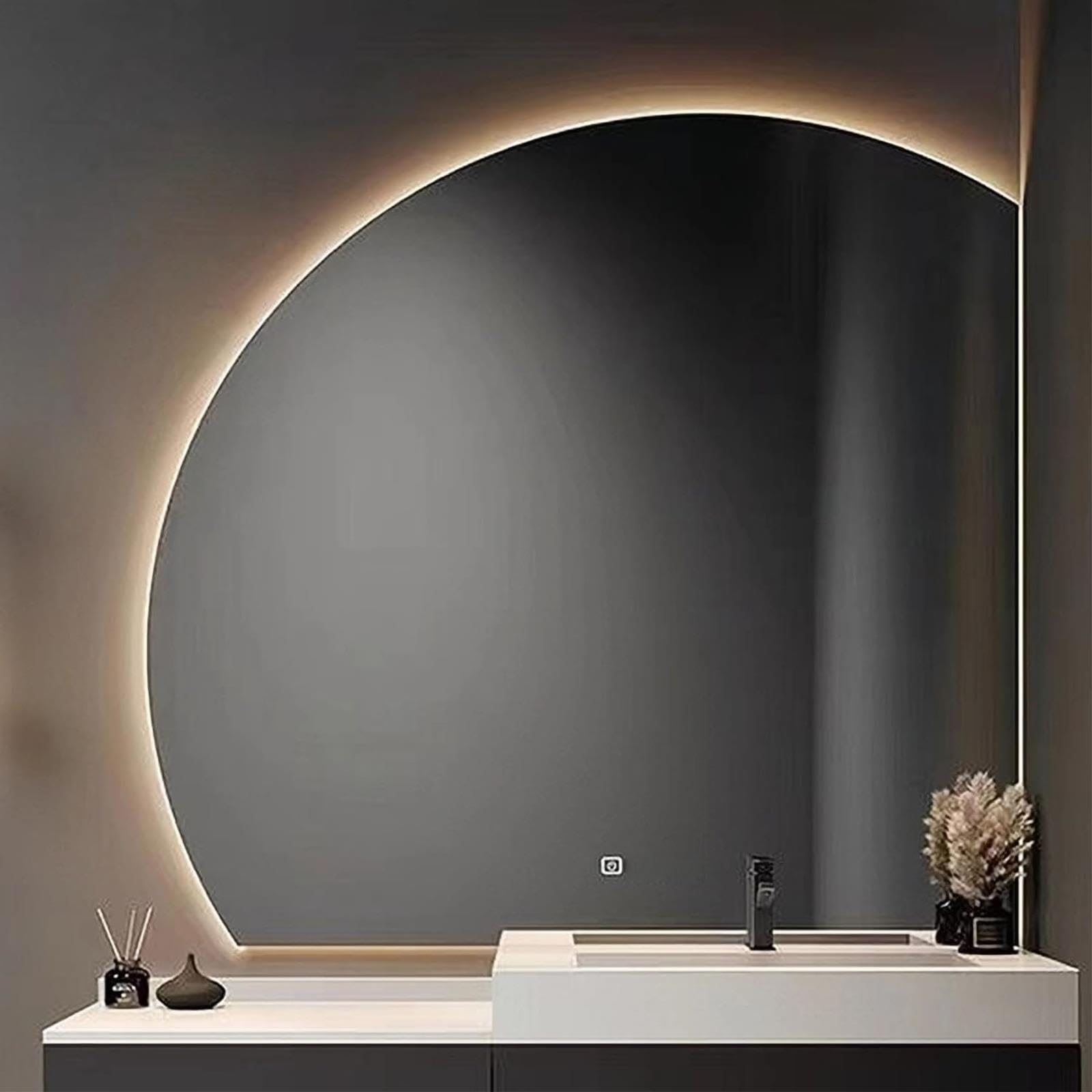 WQZzjm LED Lighted HalfCircle Bathroom Mirror, eless WallMounted Vanity Mirror with Smart Touch Control, Continuous 3Color Dimming, 70CM Left Undercut (Right Undercut 80CM)