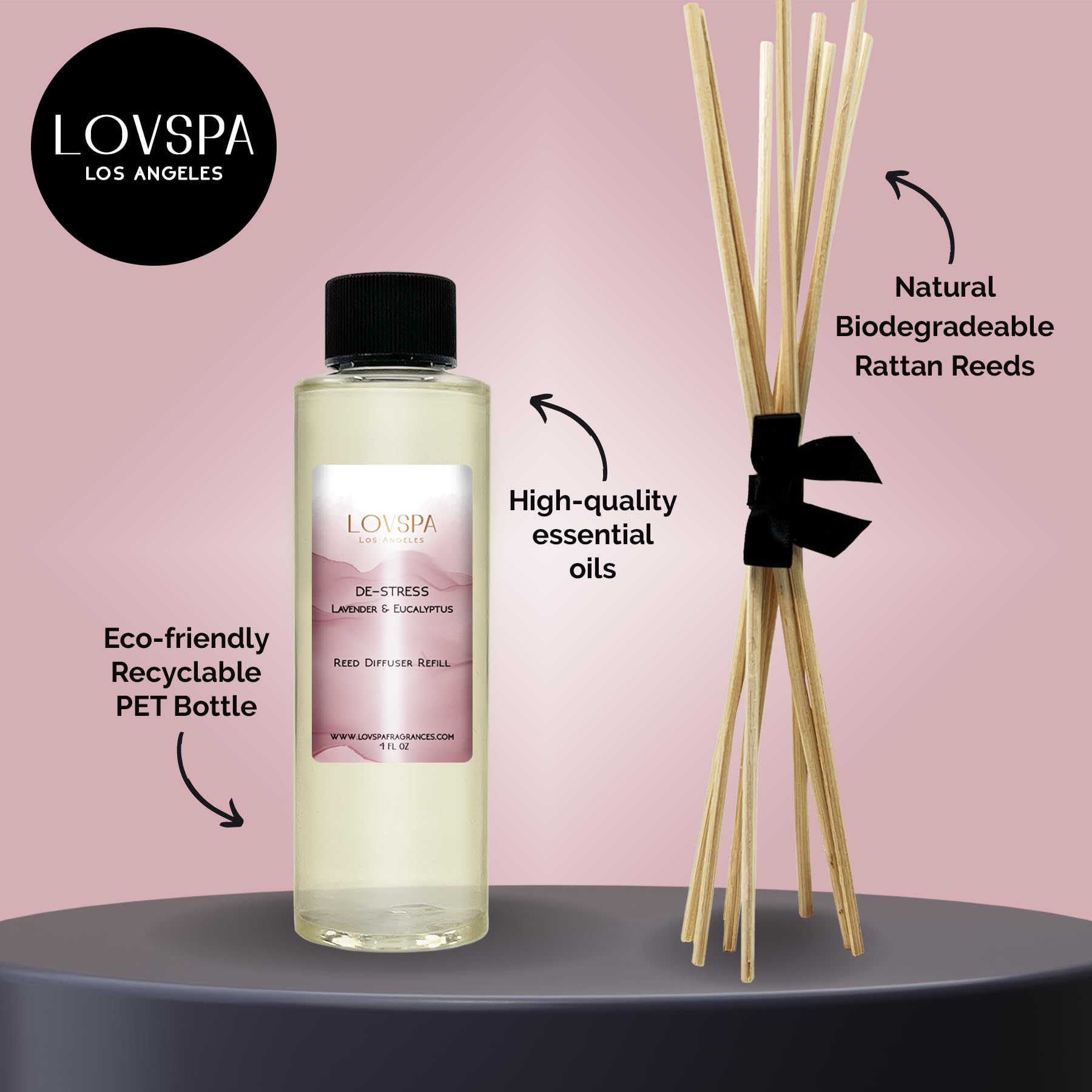 LOVSPA DE-Stress Lavender Eucalyptus Reed Diffuser Oil Refill with Reed Sticks, Air Freshener for Bathroom, Living Room, Bedroom or Office,Made in The USA