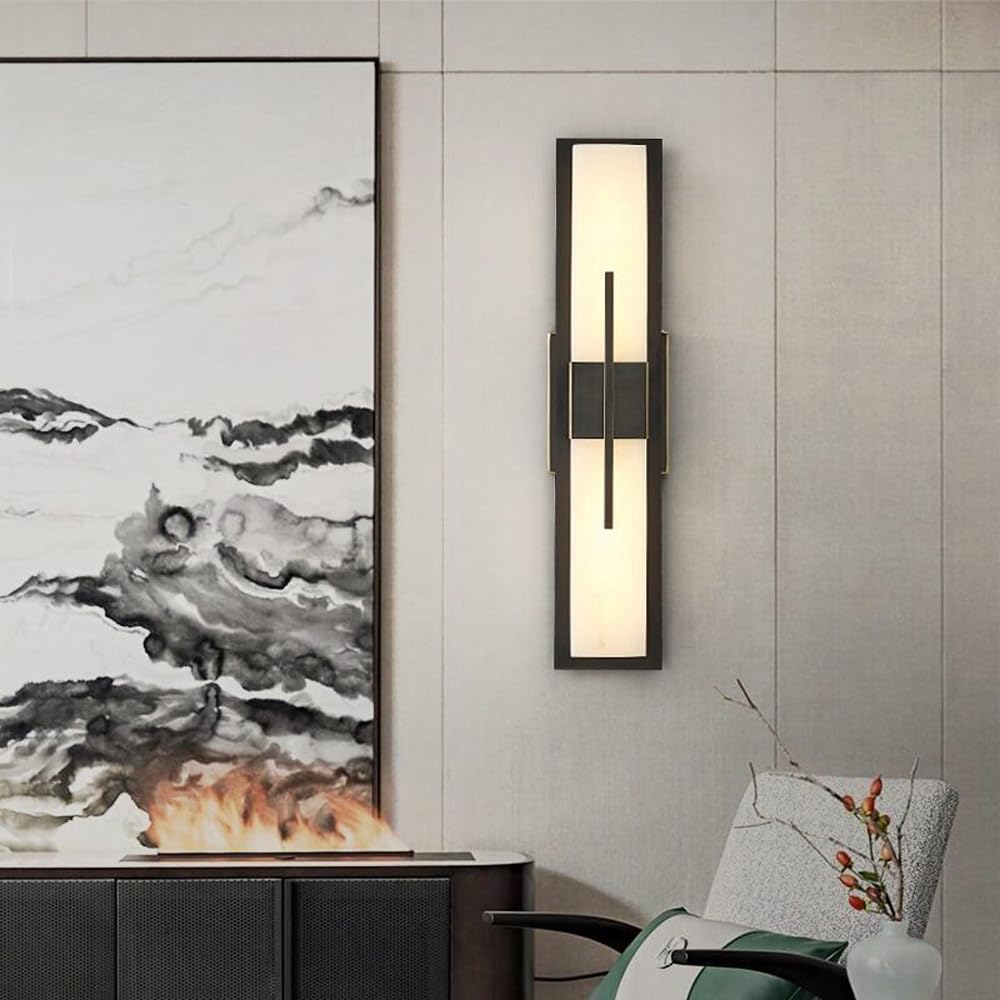 Applique da Parete per Interni Striscia Luminosa Lineare da 23,6" (60 Cm Circa) LED 12W Nero Marmo Pietra Naturale Ottone Lampade da Parete Dorate per Camera da Letto Comodino Soggiorno Stile Rustic