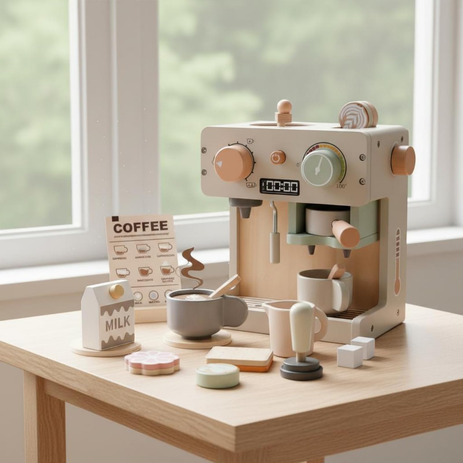Kinder Spielgerät Holz Kaffeemaschine Nachbildung Spielküchengerät Espressomaschine Getränkezubereiter Ausgestattet mit Zubehör für Rollenspiele Kinderzimmer Familienspiele