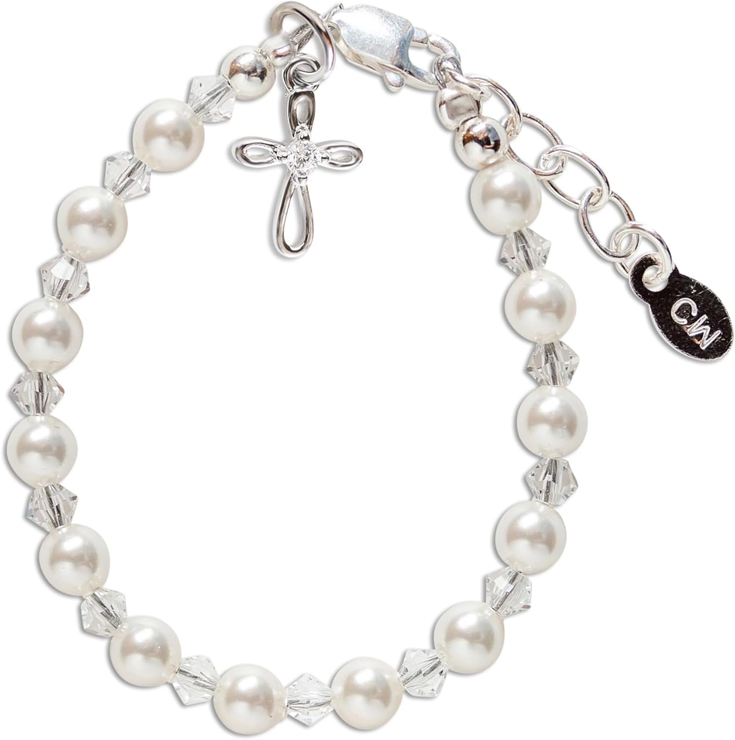 Cherished Moments .925 Sterling Silver Cross Bracelet with Simulated Pearls for Godchild, Baptism or First Communion Gift with Poem in Gift Box