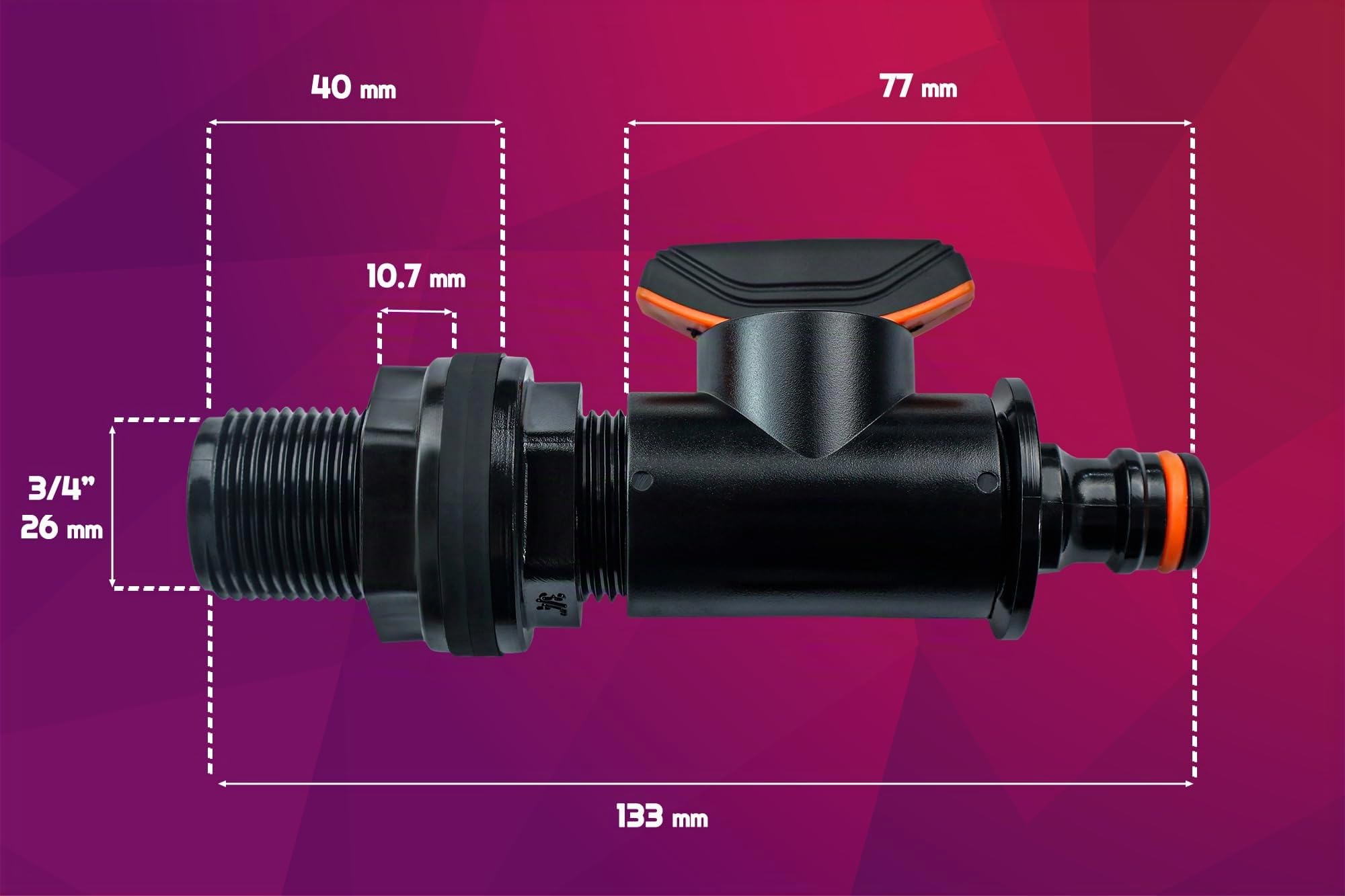Attacco Serbatoio con Valvola di Arresto 3/4" maschio 26,4mm, Guarnizione e Controdado - Raccordo Passaparete, Troppo Pieno per Cisterne, Fusti, Taniche, 1 pezzo