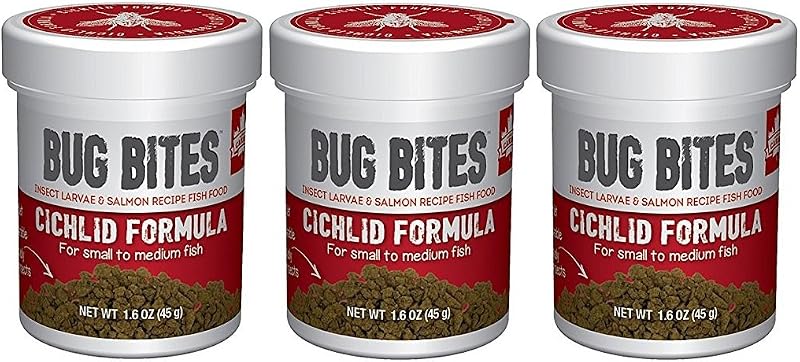 Alimento para Peixes Ciclídeos Pequenos e Médios Fluval Bug Bites com Larvas de Mosca-Soldado-Negra, Grânulos de Afundamento Lento, Pacote com 3 Frascos de 45 g