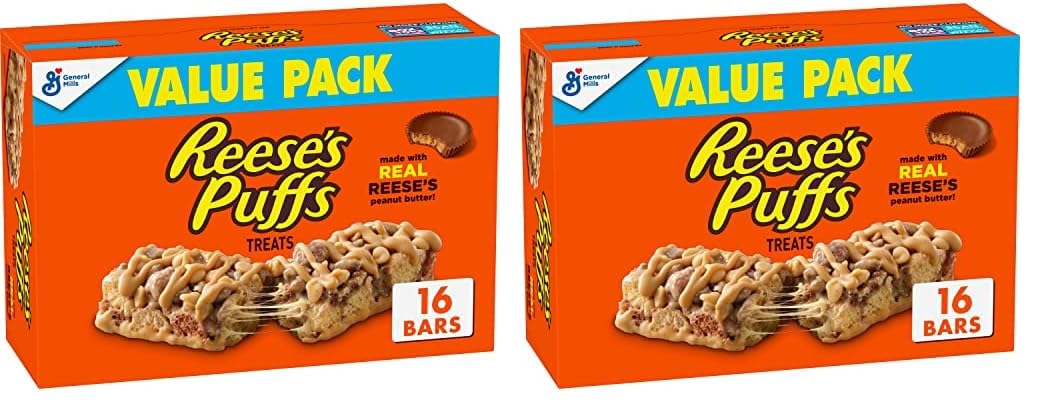 Reese'sPuffs Breakfast Cereal Treat Bars, Peanut Butter & Cocoa, 16 ct (Pack of 2)
