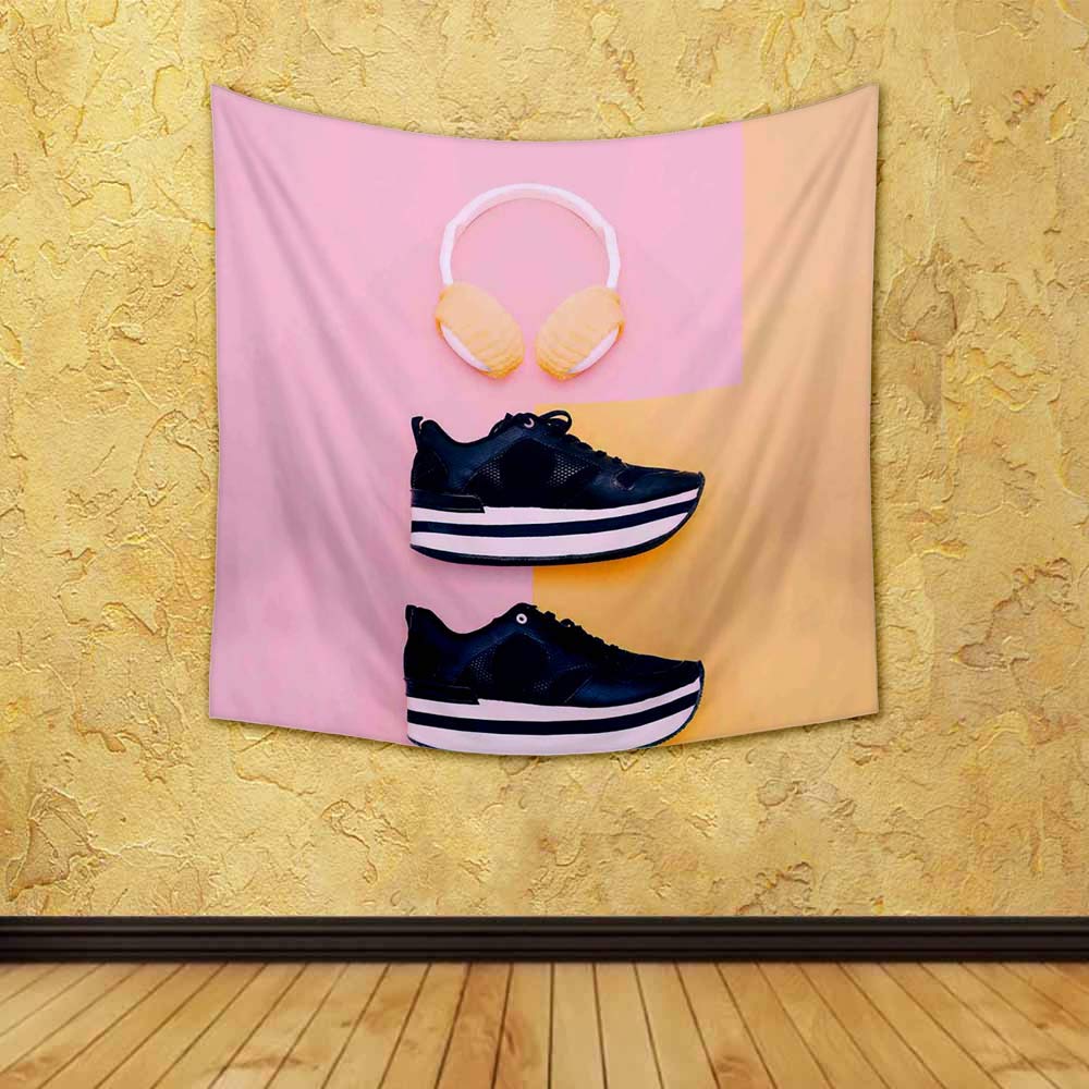ArtzFolio Trendy White Headphones & Sneakers Canvas Fabric Painting Tapestry | Wall Art Hanging 24 x 24 inch (61 x 61 cms) 1
