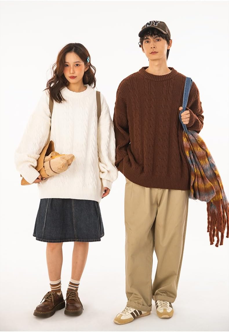 POHADON Mens Vintage Cable Knit Sweater Vintage Chunky Crewneck Long Sleeve Oversized Pullover 2026 Fall Winter Sweatshirts - Image 7