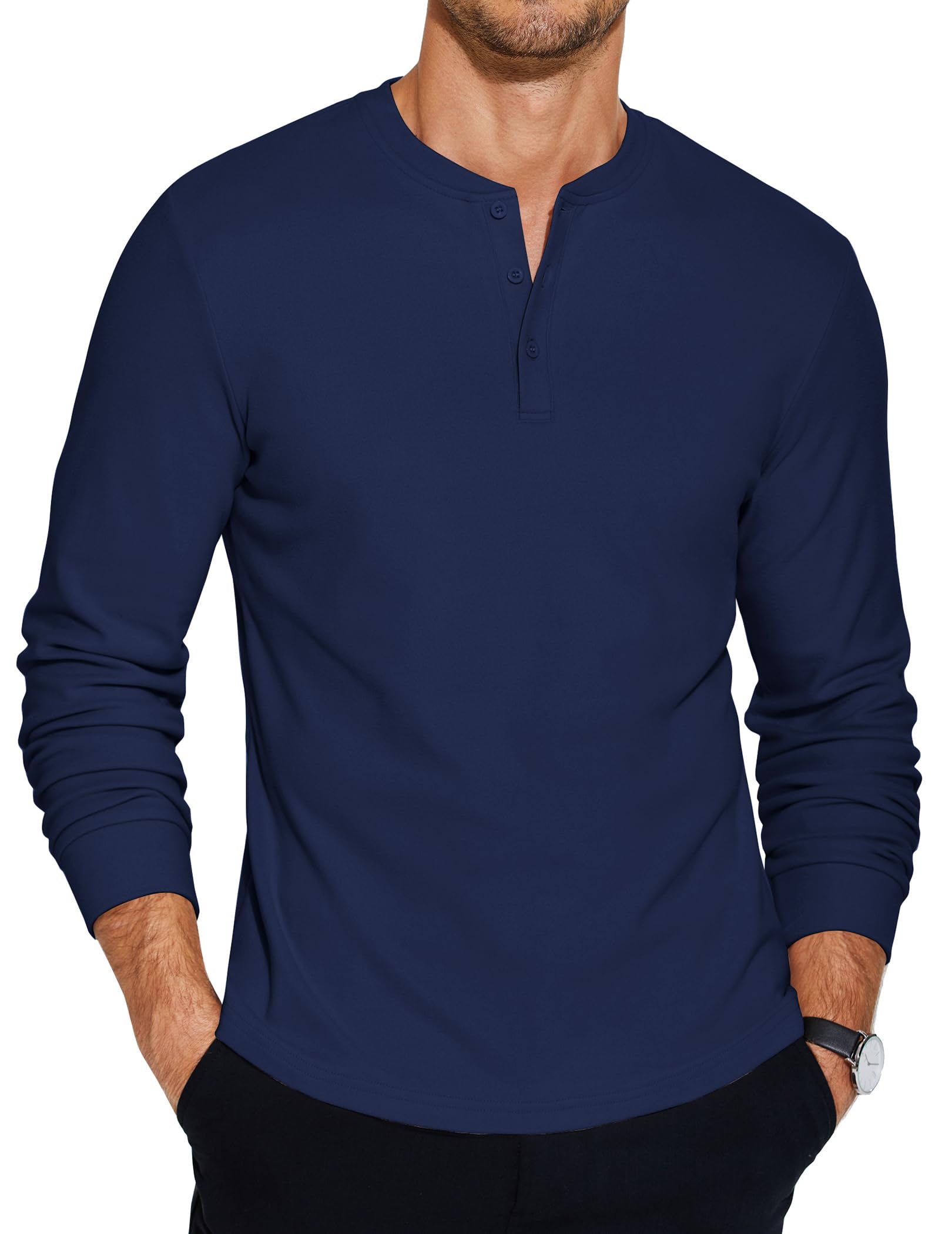 COOFANDY Henley-T-Shirt für Herren, langärmelig, lässig, kragenlos, Viertelknopf-Pullover