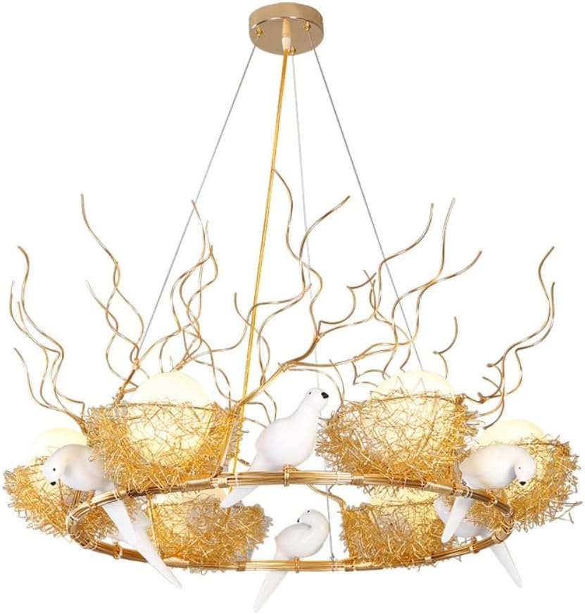 Bird Nest Chandelier Metal Wire Cage Chandelier Rustic Gold Pendant Lighting with White Glass Globe Shade and Bird Accents for Living Room Dining Room - 6 Light