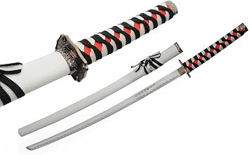 SZCO 37" Arctic Samurai Katana Sword - Handmade Japanese Sword Replica with 27" Blade, Red Ray Skin, White Wood Scabbard - Ninja Style Samurai Sword for Martial Arts, Cosplay & Display