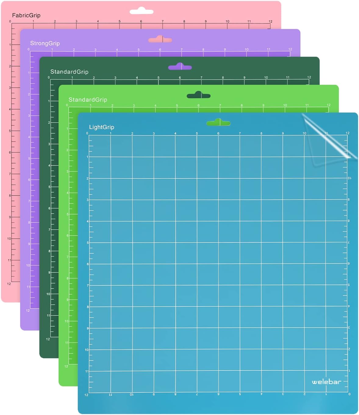 5 Pack Cutting Mats for Silhouette Cameo 5/4/3/2/1, 12x12 Inch StandardGrip/LightGrip/StrongGrip/FabricGrip, Cutting Mats for Sewing, Quilting, Crafts