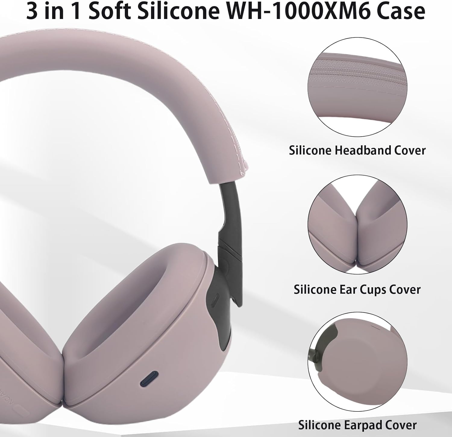 Adhiper 3-in-1 Silicone Case Sweat Covers for Sony WH-1000XM6 Headphones Accessories, XM6 Cover Silicone Ear Pads Covers & Headband Cover & Ear Cups Protector, Washable & Sweatproof - Smoky Pink - Image 3