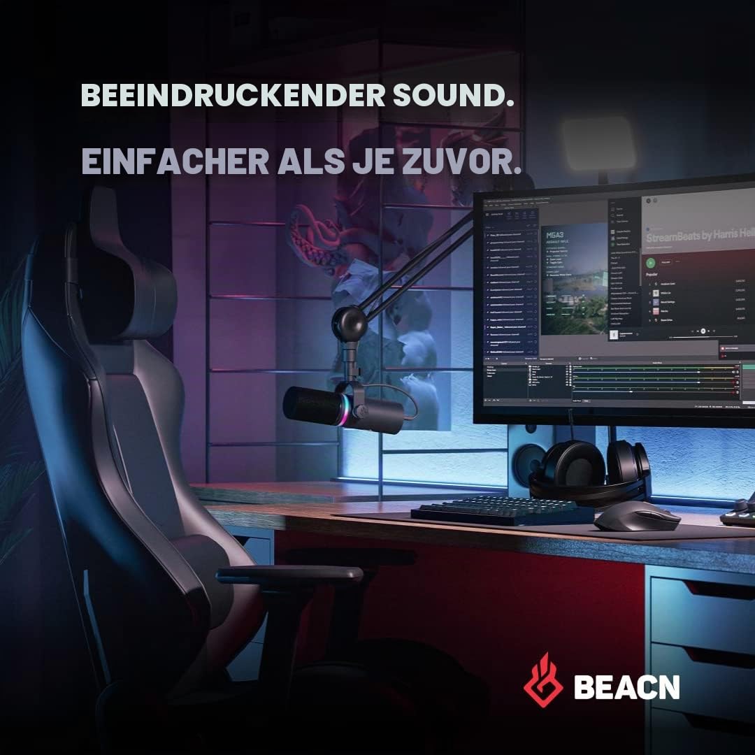 BEACN Dark Dynamic USB-Mikrofon für PC | Professionelles Podcast, Gaming und Streaming-Mikrofon in Studioqualität für YouTube, Twitch und Aufnahme
